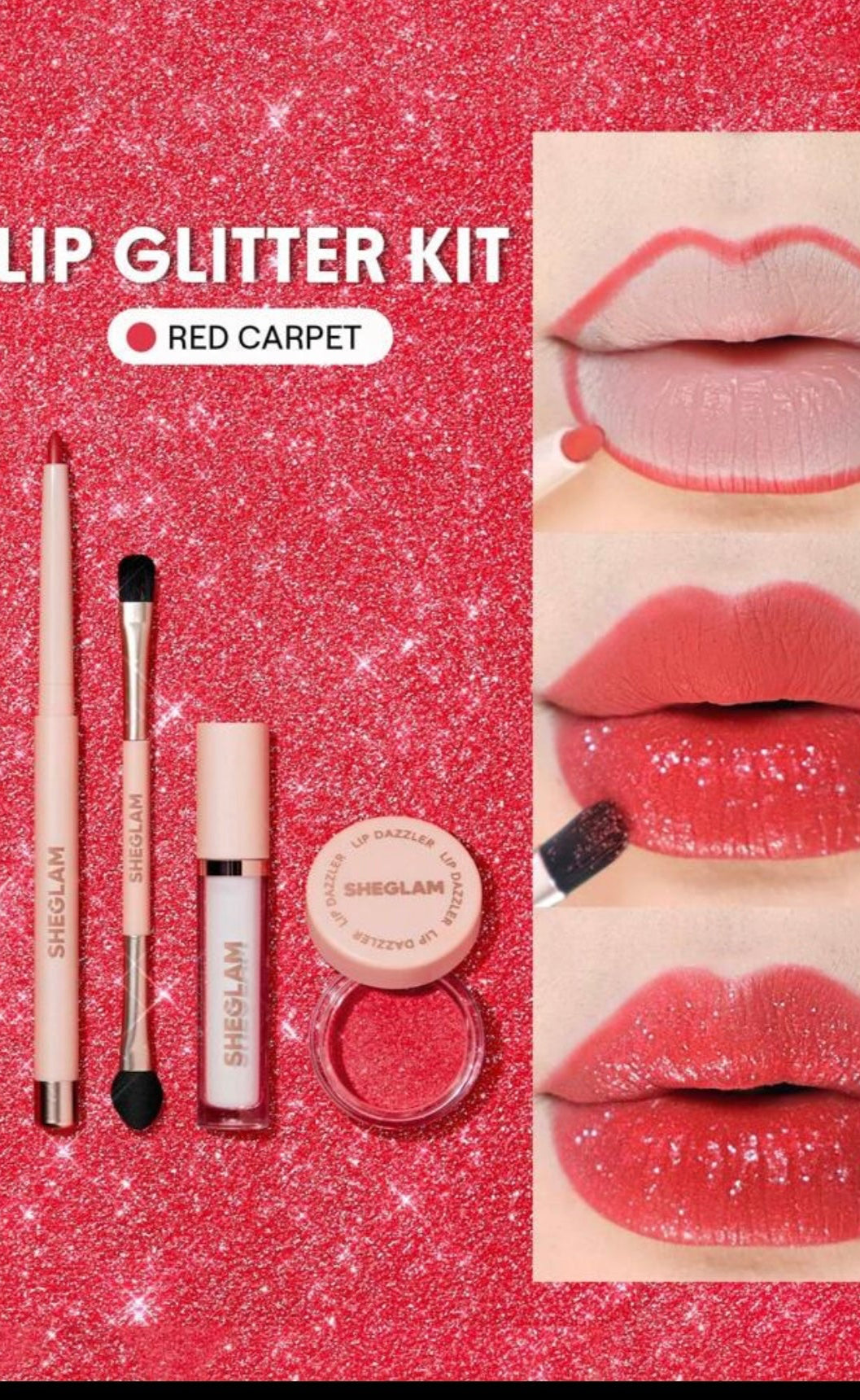 SHEGLAM Lip Dazzler Glitter Kit – Red Carpet 💄✨