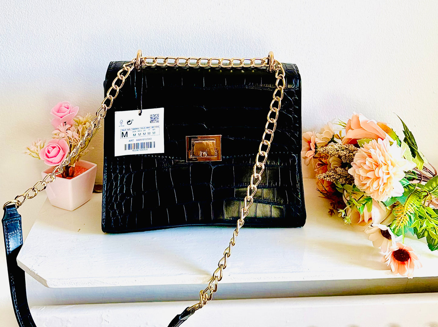 ZARA Black Croc-Embossed Shoulder Bag 🖤✨